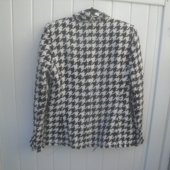 Zara Frayed Houndstooth Check Black-White Plaid Preppy Professional Blazer Large - Picture 3 of 8